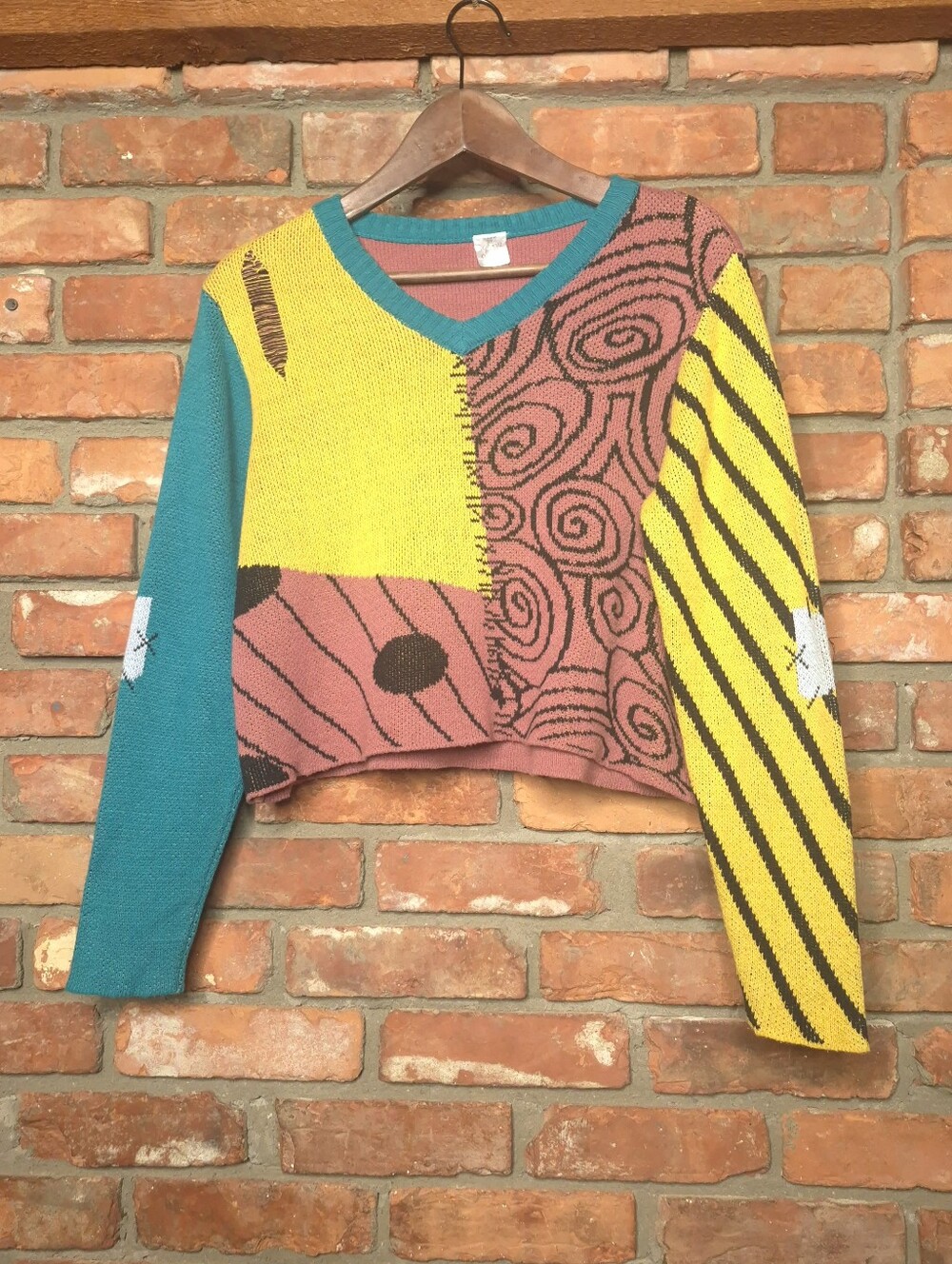 Disney Nightmare Before Christmas Sally Patchwork Cropped Sweater V Neck Cosplay